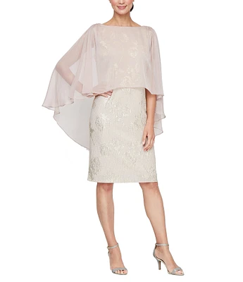 Ignite Evenings Crew Neck 3/4 Chiffon Overlay Sleeve Floral Foil Printed Popover Dress