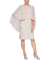 Ignite Evenings Crew Neck 3/4 Chiffon Overlay Sleeve Floral Foil Printed Popover Dress