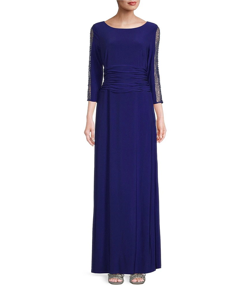 Ignite Evenings Embellished 3/4 Sleeve Ruched Bodice Boat Neck Column Gown