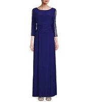 Ignite Evenings Embellished 3/4 Sleeve Ruched Bodice Boat Neck Column Gown