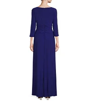 Ignite Evenings Embellished 3/4 Sleeve Ruched Bodice Boat Neck Column Gown