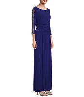 Ignite Evenings Embellished 3/4 Sleeve Ruched Bodice Boat Neck Column Gown