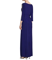 Ignite Evenings Embellished 3/4 Sleeve Ruched Bodice Boat Neck Column Gown