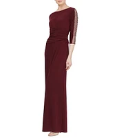 Ignite Evenings Embellished 3/4 Sleeve Ruched Bodice Boat Neck Column Gown