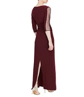 Ignite Evenings Embellished 3/4 Sleeve Ruched Bodice Boat Neck Column Gown