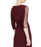 Ignite Evenings Embellished 3/4 Sleeve Ruched Bodice Boat Neck Column Gown