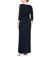 Ignite Evenings Embellished 3/4 Sleeve Ruched Bodice Boat Neck Column Gown