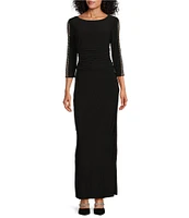 Ignite Evenings Embellished 3/4 Sleeve Ruched Bodice Boat Neck Column Gown