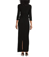 Ignite Evenings Embellished 3/4 Sleeve Ruched Bodice Boat Neck Column Gown