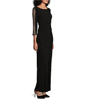 Ignite Evenings Embellished 3/4 Sleeve Ruched Bodice Boat Neck Column Gown