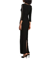 Ignite Evenings Embellished 3/4 Sleeve Ruched Bodice Boat Neck Column Gown