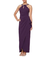 Ignite Evenings Embellished Halter Neck Sleeveless Ruched Side Cascade Ruffle Gown