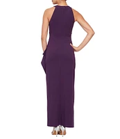 Ignite Evenings Embellished Halter Neck Sleeveless Ruched Side Cascade Ruffle Gown