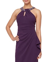 Ignite Evenings Embellished Halter Neck Sleeveless Ruched Side Cascade Ruffle Gown