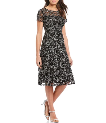 Ignite Evenings Embroidered Soutache Floral Lace Illusion Round Neck Short Sleeve Midi Dress