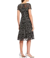 Ignite Evenings Embroidered Soutache Floral Lace Illusion Round Neck Short Sleeve Midi Dress