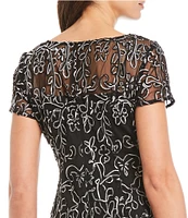 Ignite Evenings Embroidered Soutache Floral Lace Illusion Round Neck Short Sleeve Midi Dress