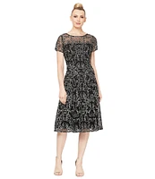 Ignite Evenings Embroidered Soutache Floral Lace Illusion Round Neck Short Sleeve Midi Dress