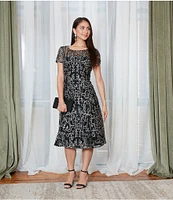 Ignite Evenings Embroidered Soutache Floral Lace Illusion Round Neck Short Sleeve Midi Dress