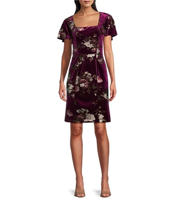 Ignite Evenings Floral Foil Print Square Neck Flutter Sleeve Velvet Sheath Dress