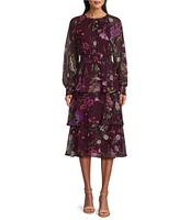 Ignite Evenings Floral Print Chiffon High Neck Illusion Cuffed Sleeves Tiered Hem A-Line Dress