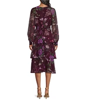 Ignite Evenings Floral Print Chiffon High Neck Illusion Cuffed Sleeves Tiered Hem A-Line Dress