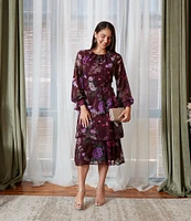 Ignite Evenings Floral Print Chiffon High Neck Illusion Cuffed Sleeves Tiered Hem A-Line Dress