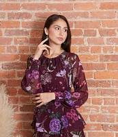 Ignite Evenings Floral Print Chiffon High Neck Illusion Cuffed Sleeves Tiered Hem A-Line Dress