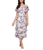 Ignite Evenings Floral Print Chiffon Scoop Neck Capelet Short Sleeve Tiered Midi Dress