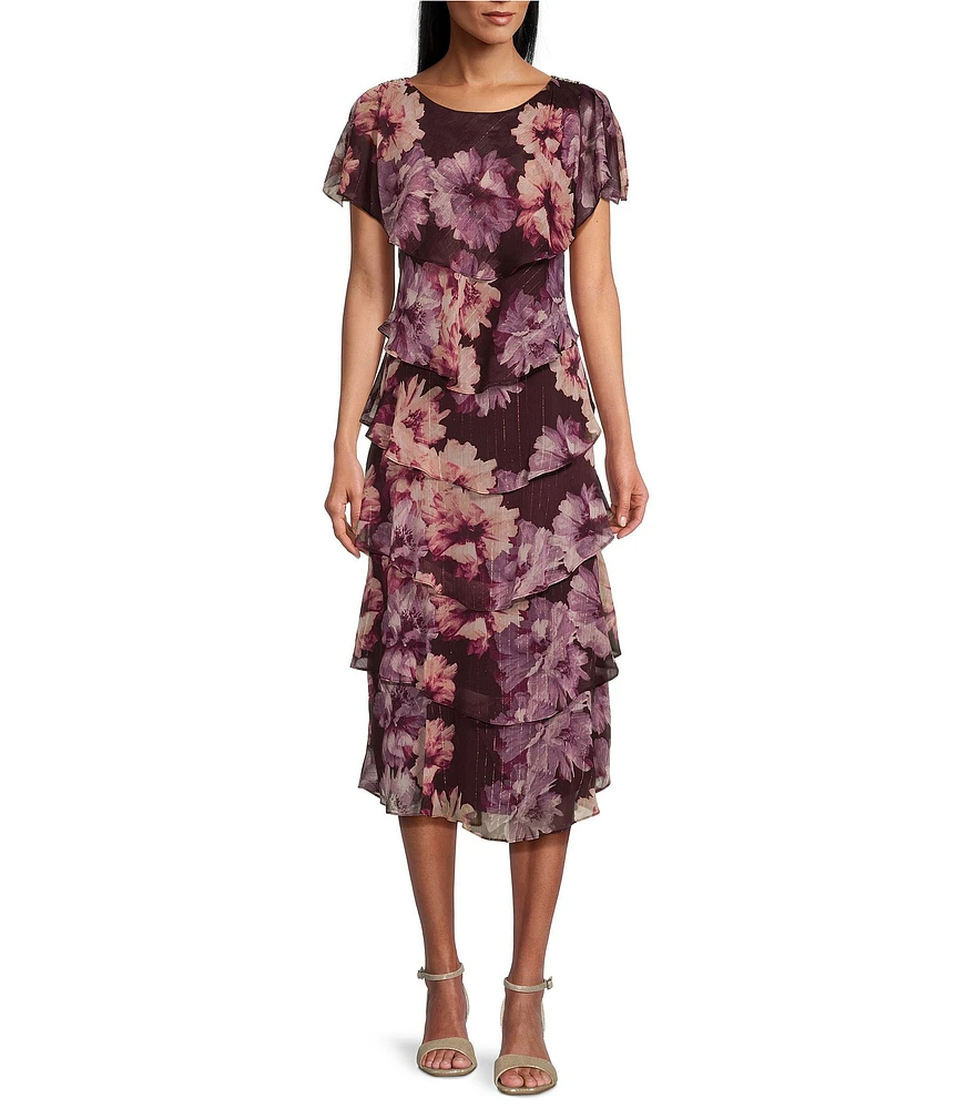 Ignite Evenings Floral Print Chiffon Scoop Neck Capelet Short Sleeves Tiered Hem Midi Dress