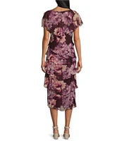 Ignite Evenings Floral Print Chiffon Scoop Neck Capelet Short Sleeves Tiered Hem Midi Dress