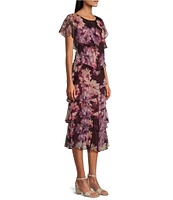 Ignite Evenings Floral Print Chiffon Scoop Neck Capelet Short Sleeves Tiered Hem Midi Dress