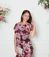 Ignite Evenings Floral Print Chiffon Scoop Neck Capelet Short Sleeves Tiered Hem Midi Dress