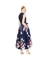 Ignite Evenings Floral Print Mikado Tie Waist V-Neck Sleeveless High-Low Midi Dress