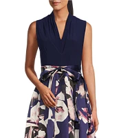 Ignite Evenings Floral Print Mikado Tie Waist V-Neck Sleeveless High-Low Midi Dress