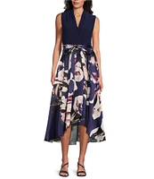 Ignite Evenings Floral Print Mikado Tie Waist V-Neck Sleeveless High-Low Midi Dress