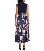 Ignite Evenings Floral Print Mikado Tie Waist V-Neck Sleeveless High-Low Midi Dress