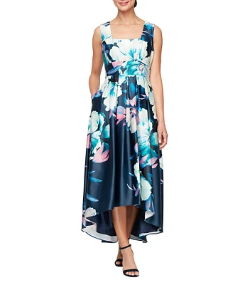 Ignite Evenings Floral Print Square Neck High-Low Hem Dress