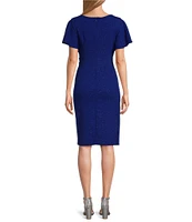 Ignite Evenings Short Flutter Sleeve V-Neck Metallic Knit Sheath Dress