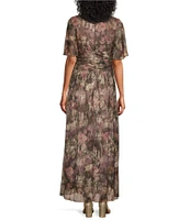 Ignite Evenings Foil Print Shimmer Surplice V-Neck Capelet Short Sleeves A-Line Dress