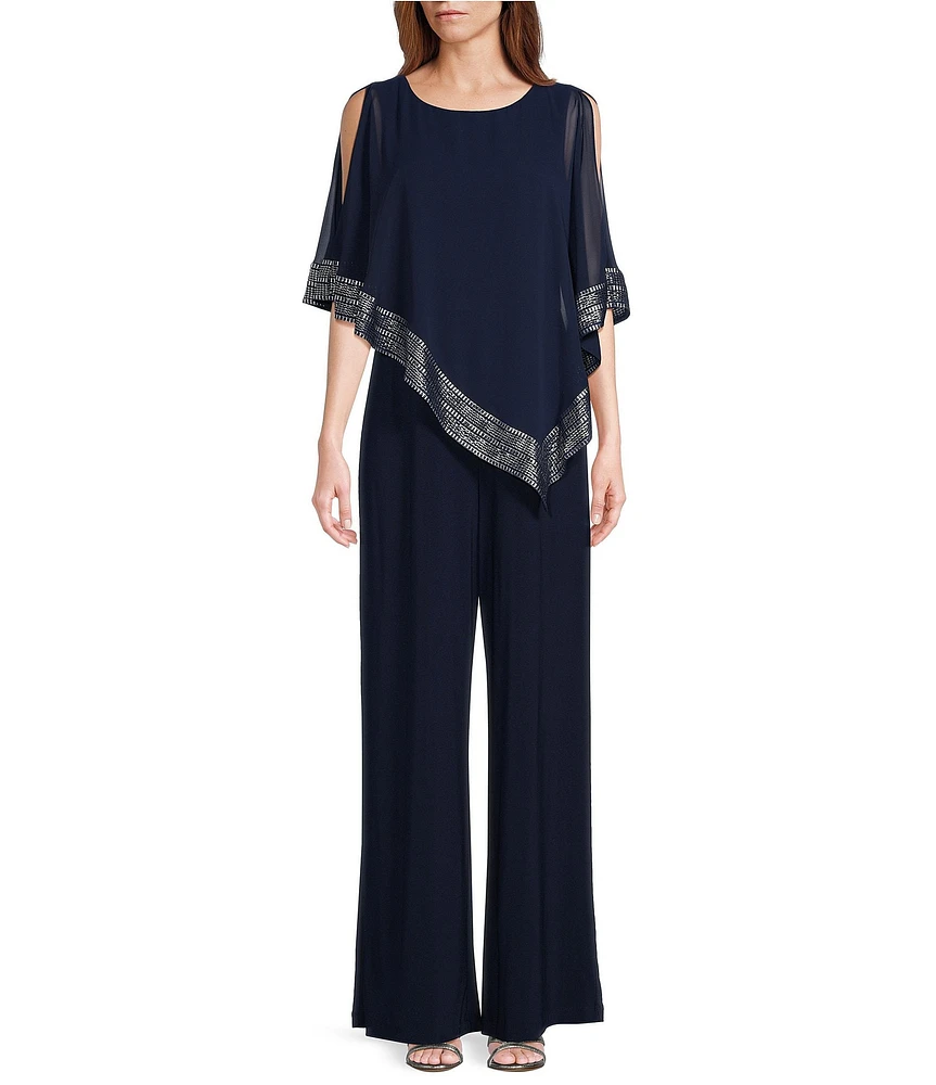 Ignite Evenings Foil Trim Boat Neck Asymmetric Cape Jumpsuit