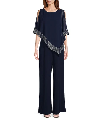 Ignite Evenings Foil Trim Boat Neck Asymmetric Cape Jumpsuit