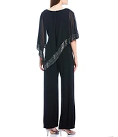 Ignite Evenings Foil Trim Boat Neck Asymmetric Cape Jumpsuit