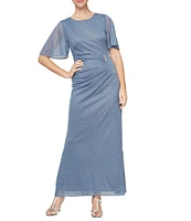 Ignite Evenings Glitter Mesh Ruched Embellished Waist Crew Neck Short Flutter Sleeve Sheath Gown