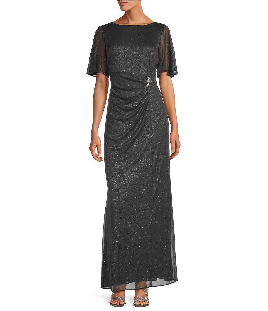 Ignite Evenings Glitter Mesh Ruched Embellished Waist Crew Neck Short Flutter Sleeve Sheath Gown