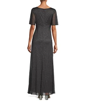 Ignite Evenings Glitter Mesh Ruched Embellished Waist Crew Neck Short Flutter Sleeve Sheath Gown