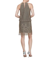 Ignite Evenings Halter Chain Neck Sleeveless Crochet Fringe Hem Metallic Blouson Dress