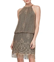 Ignite Evenings Halter Chain Neck Sleeveless Crochet Fringe Hem Metallic Blouson Dress