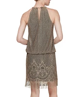 Ignite Evenings Halter Chain Neck Sleeveless Crochet Fringe Hem Metallic Blouson Dress