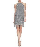 Ignite Evenings Halter Chain Neck Sleeveless Crochet Fringe Hem Metallic Blouson Dress